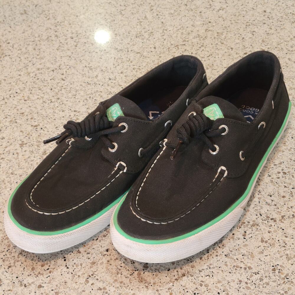 SPERRY Men's Bahama II Seacycled Boat Shoes Canvas Black Green Non-Mark Soles✨️9
